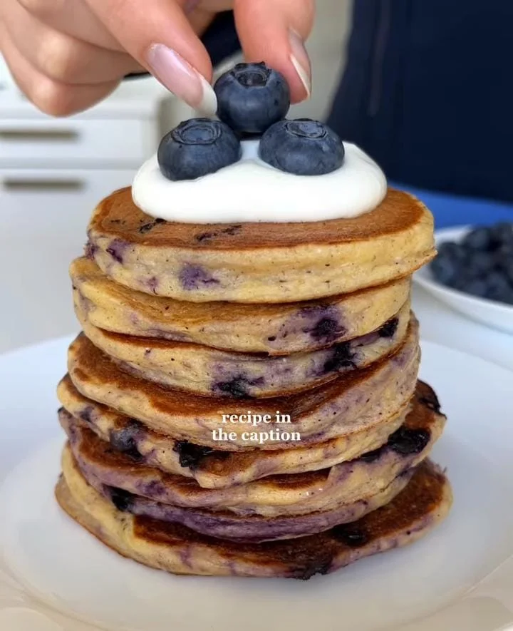 Fluffy Blueberry Pancake Stack with Frozen Blueberries