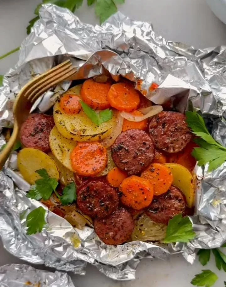 Garlic Butter Sausage & Cabbage Foil Packs