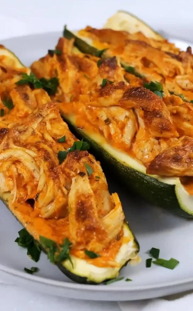 Buffalo Ground Chicken Zucchini Boats