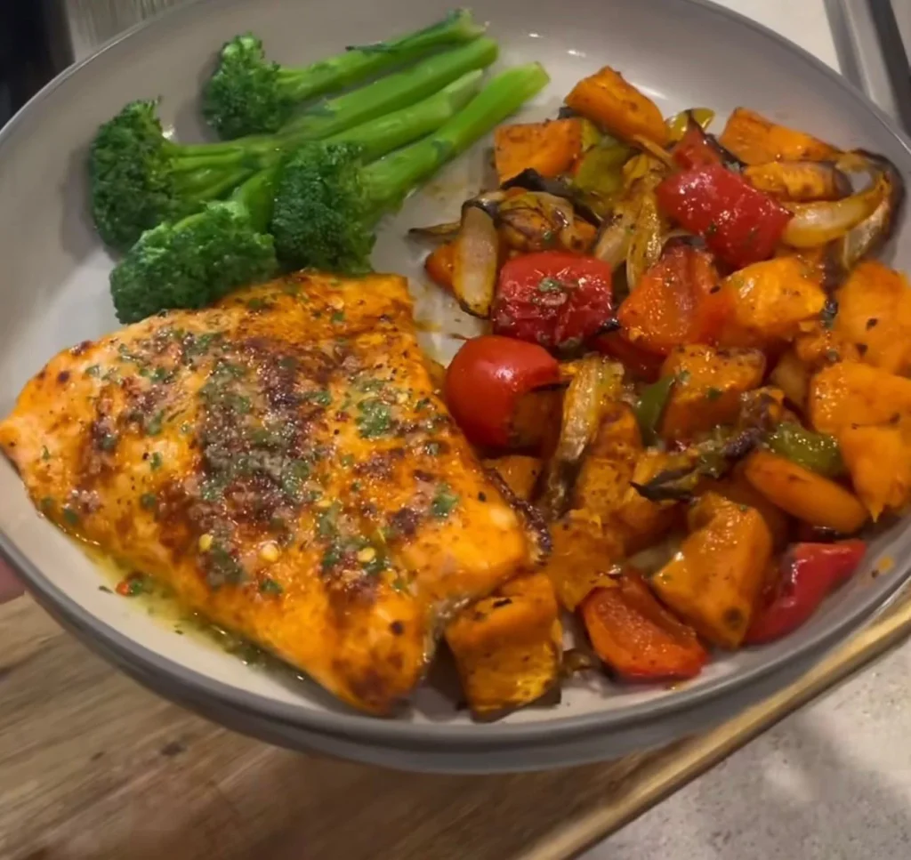 Sheet Pan Veggie & Salmon Bake